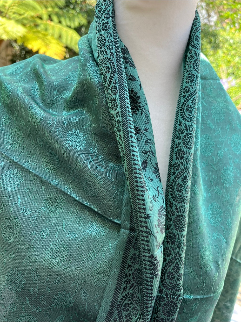 NWOT Silk India Teal Wrap Scarf Flowy with Fringe - Picture 7 of 10